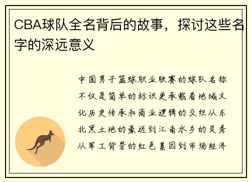 CBA球队全名背后的故事，探讨这些名字的深远意义